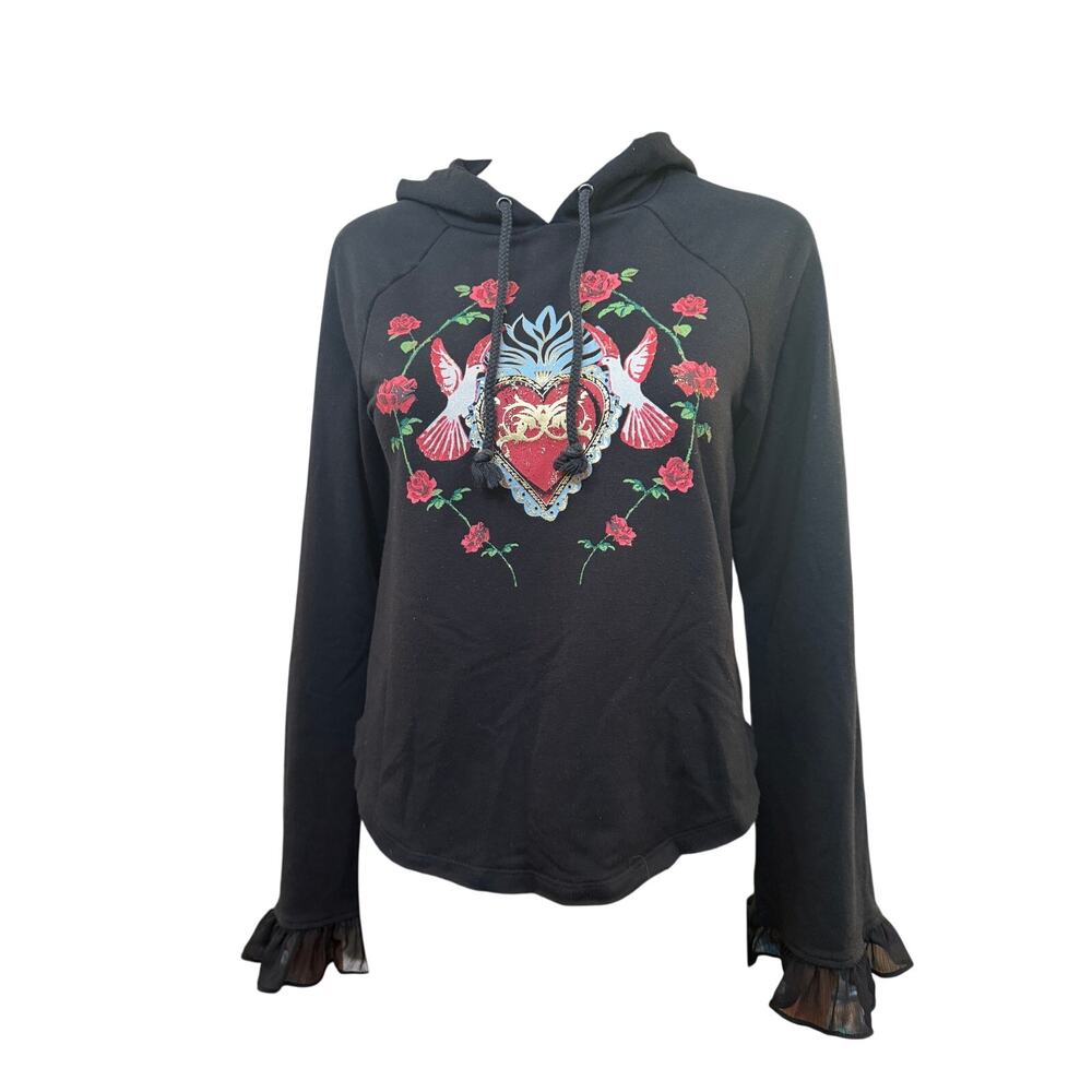 Disney Snow White Heart & Birds Hoodie Black Long Sleeve Ruffle Cuffs Women’s XS - Picture 1 of 10